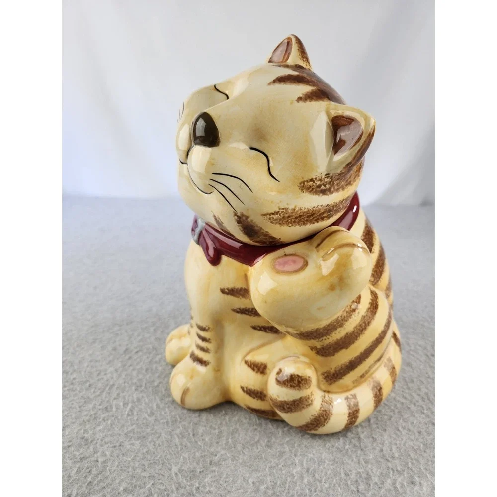 GKAO Scratching Cat Cookie Jar Tan Tabby Orange Smiling Kitten‎ Treat Holder